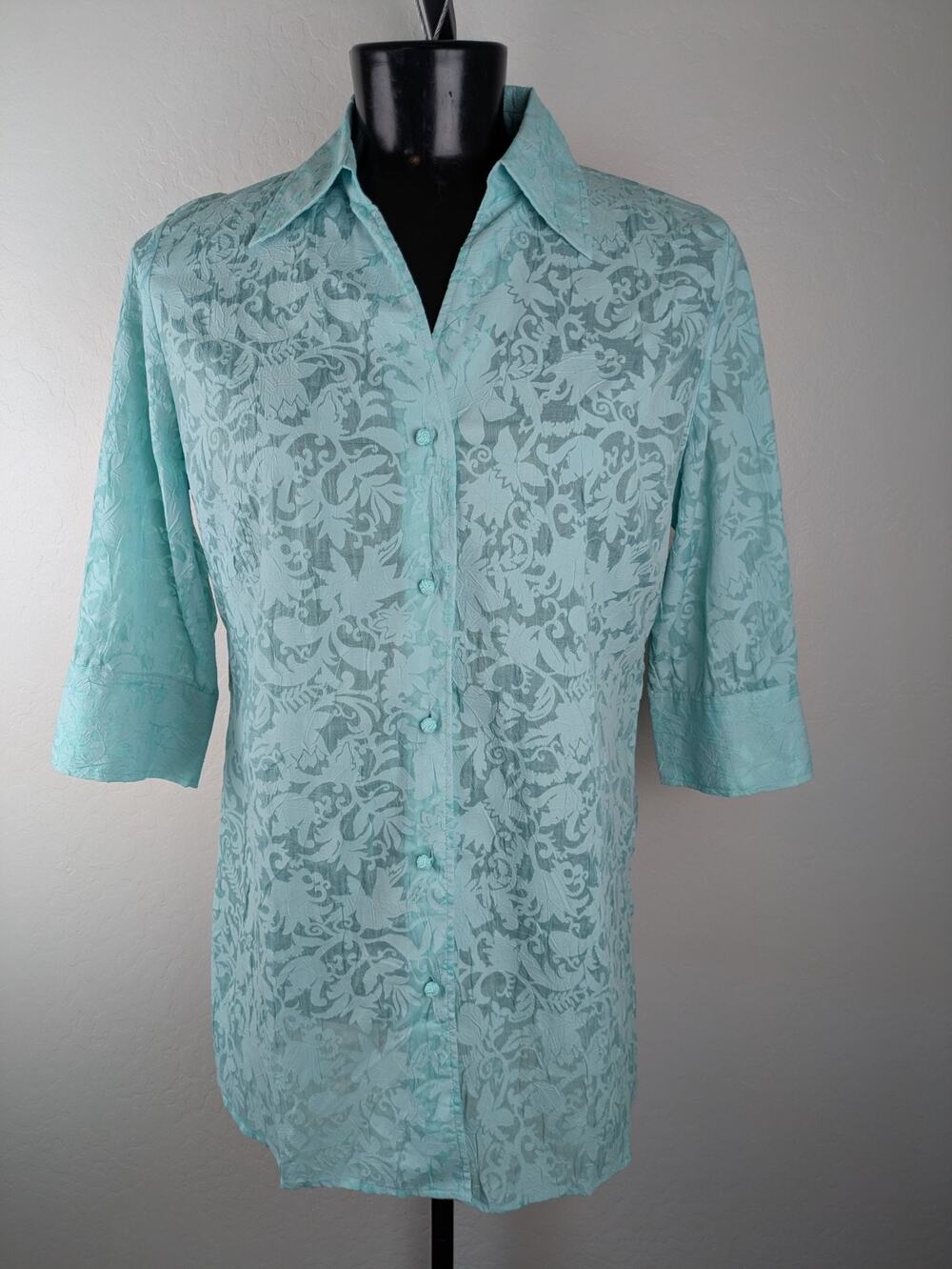 Vintage Soft Surroundings XL Mint Tunic Length Button Front Shirt Semi Sheer